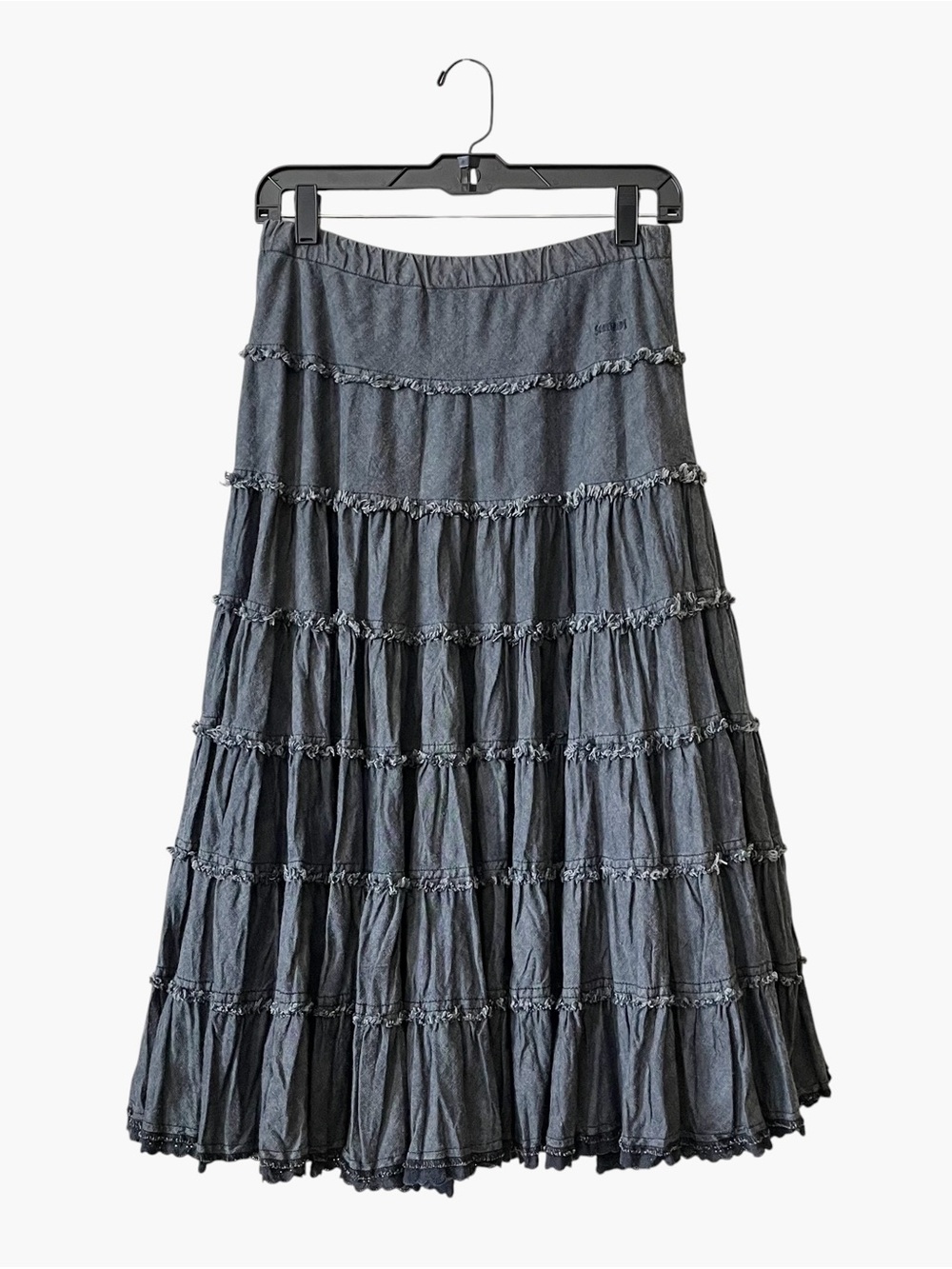 Angel Something Edwin Tiered Full Swing Skirt Women Size L Blue Chambray Pull On